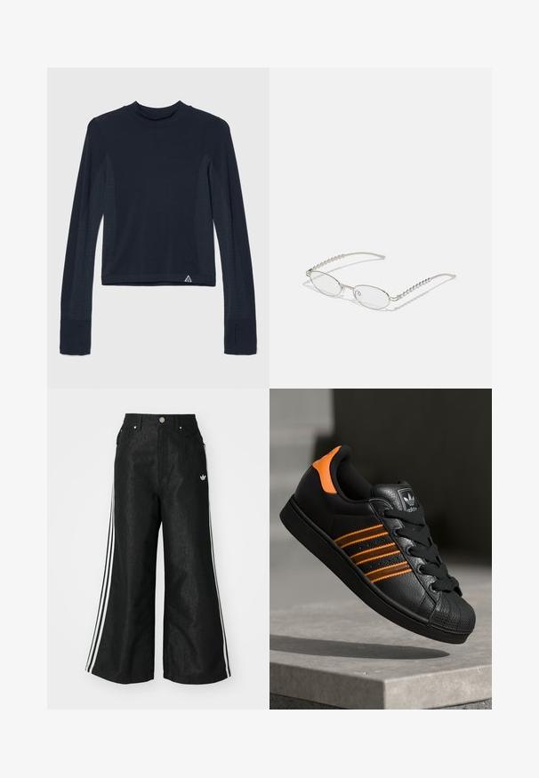 Camisola de manga longa azul-marinho com textura canelada, apresentando detalhes pontilhados ao longo das mangas e um decote alto. Logótipo da marca na parte inferior esquerda.; Calças de denim largas pretas com três riscas brancas em cada lado e um pequeno logótipo branco. Apresenta bolsos frontais e um fecho de botão.; Sapatilha preta com detalhes laranja, três riscas horizontais, parte superior em couro texturizado, bico de borracha e atacadores pretos.; Óculos ovais com uma armação metálica prateada, lentes transparentes e detalhes texturizados em contas nas hastes. Design leve com braços curvos.