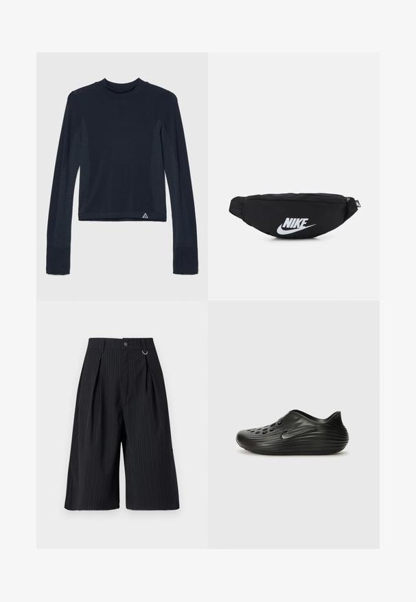 Tumšzilā garenrūku krekls ar ribotu tekstūru, kuram ir punktveida akcenti pa piedurknēm un augsts kakls. Zīmola emblēma kreisajā apakšējā stūrī.; Melnas svītrainas šortas ar krokām, pogu aizdari un metāla gredzena akcentu. Gluda auduma, pielāgota piegriezuma un ceļgala garuma dizains.; Melnas slip-on krūzes, izgatavotas no gludas plastmasas, ar ribotu dizainu, perforētām atverēm augšdaļā un izsmalcinātu sānu logotipu.; Melnas neilona jostas somiņa ar rāvējslēdzēja aizdari, kurai ir liels balts Nike logo. Gluda tekstūra un ergonomisks dizains ērtai valkāšanai.