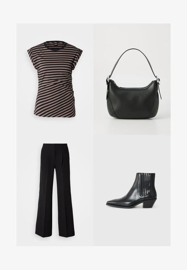 Pasiasta koszulka w kolorze beżowym i granatowym, z okrągłym dekoltem, krótkimi rękawami i marszczeniem z boku. Wykonana z miękkiego, elastycznego materiału.; Czarne spodnie wykonane z gładkiej tkaniny, z wysokim stanem, szerokimi nogawkami oraz dwoma frontowymi zakładkami dla dodatkowego efektu wizualnego.; Czarne skórzane botki za kostkę z wysmuklonym noskiem, elastycznymi bocznymi panelami z pionowymi rowkami oraz niskim blokowym obcasem. Gładka tekstura i elegancki design.; Czarna skórzana torebka o zaokrąglonym kształcie, z srebrnym zamkiem błyskawicznym i krótkim uchwytem. Posiada subtelne logo z przodu i gładką teksturę.
