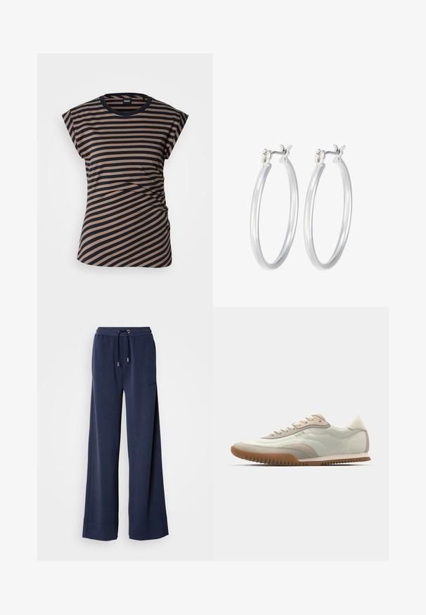 Camiseta a rayas en beige y azul marino, con cuello redondo, mangas cortas y un detalle fruncido en el lateral. Hecha de una tela suave y elástica.; Pantalones de pierna ancha en color marino, fabricados en una tela suave que cuenta con una cinturilla elástica con cordón y detalle del logo en la parte delantera de la pierna izquierda.; Zapatilla blanca y beige con una parte superior lisa y acentos de gamuza, suela texturizada y costuras en tonos. Cierre de cordones con detalle de logo.; Pendientes de aro de plata con un acabado liso y pulido. Forma redonda y cierre de click seguro. Diseño ligero adecuado para el uso diario.