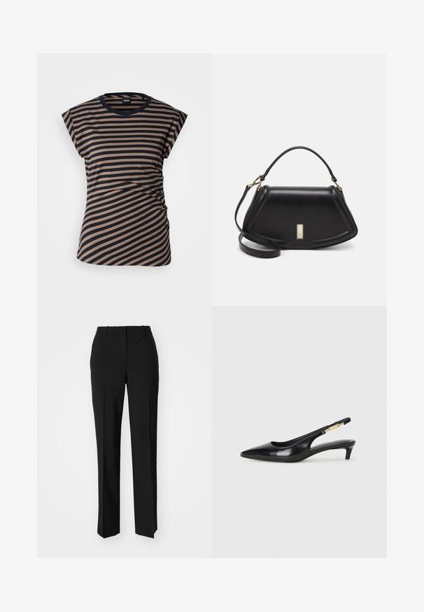 Gestreepte t-shirt in beige en marineblauw, met een ronde halslijn, korte mouwen en een gerimpeld zijdetail. Gemaakt van zacht, rekbaar materiaal.; Zwarte op maat gemaakte broek met een recht model, voorzien van een soepele textuur en scherpe plooien aan de voorkant. Geen zichtbare hardware.; Zwarte leren slingback hakken met een spitse neus, voorzien van een slanke hak en een goudkleurige accent op de verstelbare band. Gladde textuur.; Zwarte leren handtas met een gestructureerd ontwerp, featuring een verkorte vorm, bovenhandvat en gouden hardwareaccent. Inclusief verstelbare schouderband.