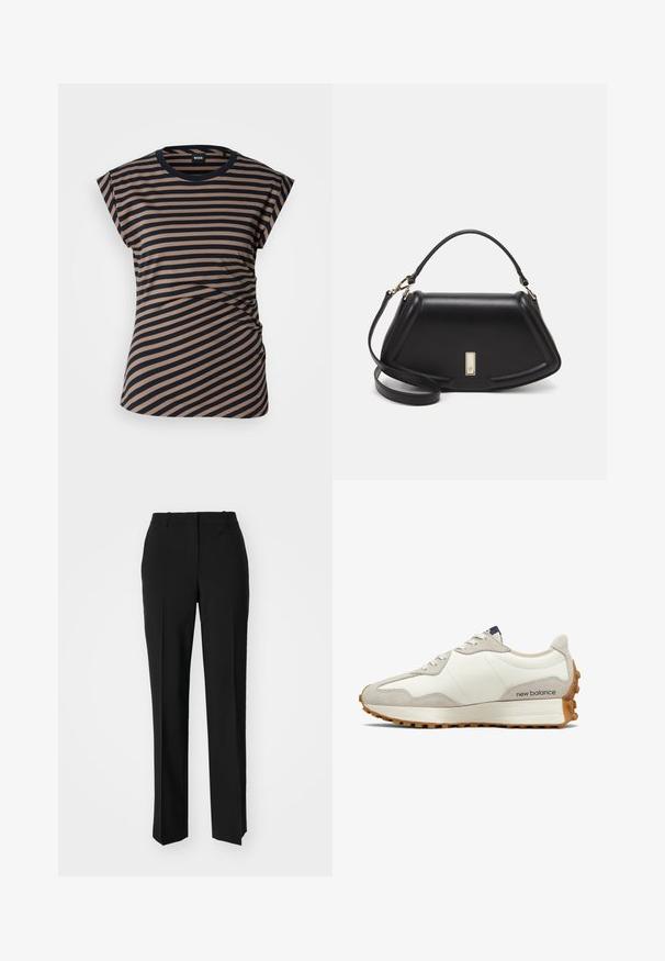 Gestreiftes T-Shirt in Beige und Marineblau, mit rundem Ausschnitt, kurzen Ärmeln und einem gerafften Seitendetail. Hergestellt aus weichem, elastischem Stoff.; Schwarze, taillierte Hose mit geradem Bein, aus einem glatten Stoff und mit klaren Falten an der Vorderseite. Keine sichtbare Hardware.; Weiße und beige Sneaker mit einem glatten Lederobermaterial, Wildlederakzenten, runder Zehenform und einer strukturierten Gummisohle. Markenname an der Seite gedruckt.; Schwarze Lederhandtasche mit einem strukturierten Design, das eine verkürzte Form, einen oberen Griff und goldfarbene Hardware-Details aufweist. Verstellbarer Schulterriemen ist enthalten.