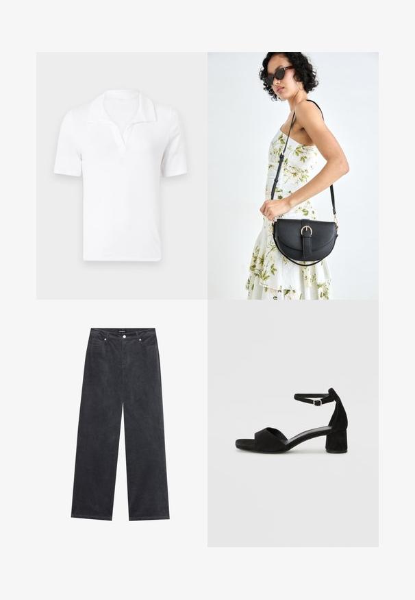 Vit bomullspolo med krage, korta ärmar och en lätt v-formad design. Slät textur, enkel och minimalistisk stil.; Breda byxor i mörkgrå kordflöd, med knappstängning, fyra fickor och en mjukt strukturerad yta.; Svarta mockaskor med klack och en tunn ankelrem, öppen tå-design och en modest blockklack. Slät textur och minimala accenter.; Svart läderhandväska med en böjd form, avtagbar rem och guldiga detaljer. Väskan har ett lock med en spänndetalj.