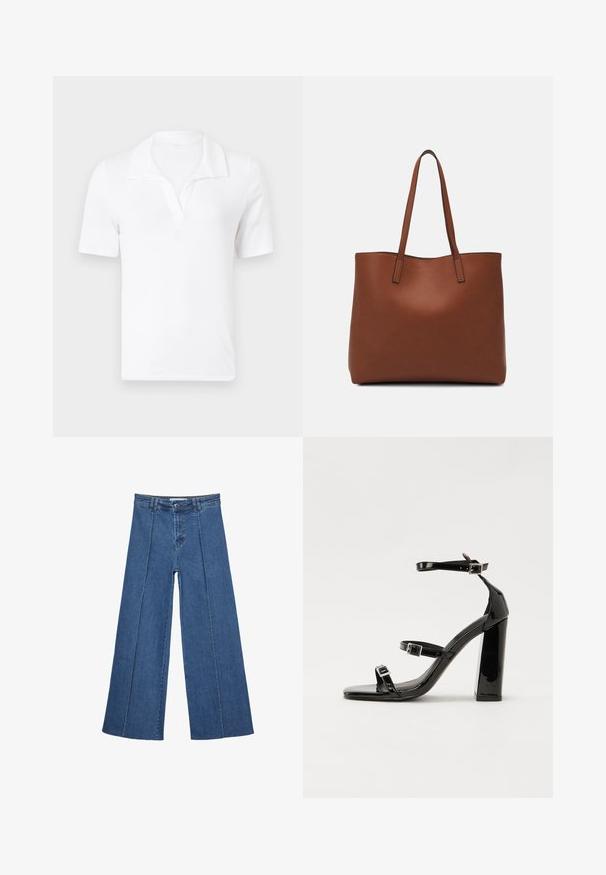 Biała bawełniana koszulka polo z kołnierzykiem, krótkimi rękawami i delikatnym dekoltem w kształcie litery V. Gładka tekstura, prosty i minimalistyczny wygląd.; Jeans typu wide-leg w średnim niebieskim kolorze, z wysokim stanem, zapięciem na guziki oraz kontrastowymi szwami pionowymi z przodu.; Czarne lakierowane sandały na obcasie z kwadratowym noskiem, z paskami wokół kostki i srebrnymi klamrami. Posiadają masywny słupek dla stabilności.; Brązowa skórzana torba tote o gładkiej fakturze, z otwartym wierzchem i dwoma ramiączkami. Charakteryzuje się minimalnym przeszyciem i brakiem widocznych elementów metalowych.