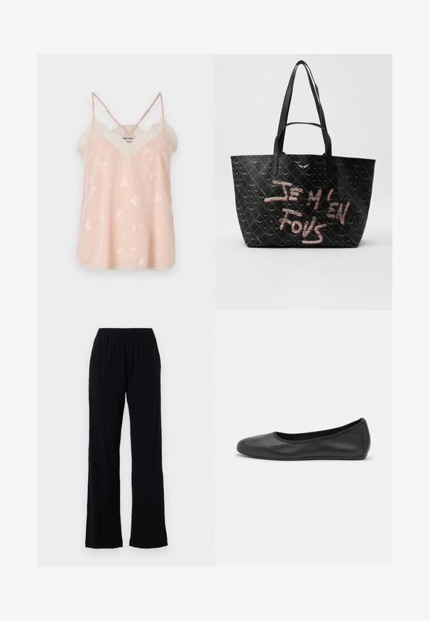 Pale pink camisole with lace trim, featuring a V-neck and spaghetti straps, decorated with subtle heart and lightning bolt patterns.; Black, lightweight, elastic waist pants with a straight leg design. Soft texture with no visible patterns or accents. Simple and versatile style.; Black leather ballet flat with a rounded toe, smooth texture, minimal stitching detail, and a flexible sole design.; Black tote bag with textured material featuring a diamond pattern, shoulder straps, and bold red and white text reading “JE M'EN FOUS.”