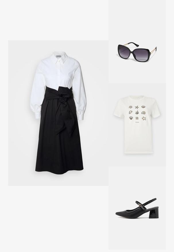 White cotton t-shirt featuring various ocean-themed outlines, including starfish, shells, and waves, arranged in a grid pattern.; White button-up top with long puff sleeves, paired with a black skirt and fabric belt tied at the waist, made from smooth cotton material.; Black patent leather slingback heels with a pointed toe, a rounded cutout design, and a block heel. Features a gold-tone buckle accent.; Black oversized sunglasses with gradient lenses, thick frames, and gold-tone chain detailing on the temple arms.; Black tote bag made of synthetic material, featuring simple rectangular design, gold square accents, and double handles.
