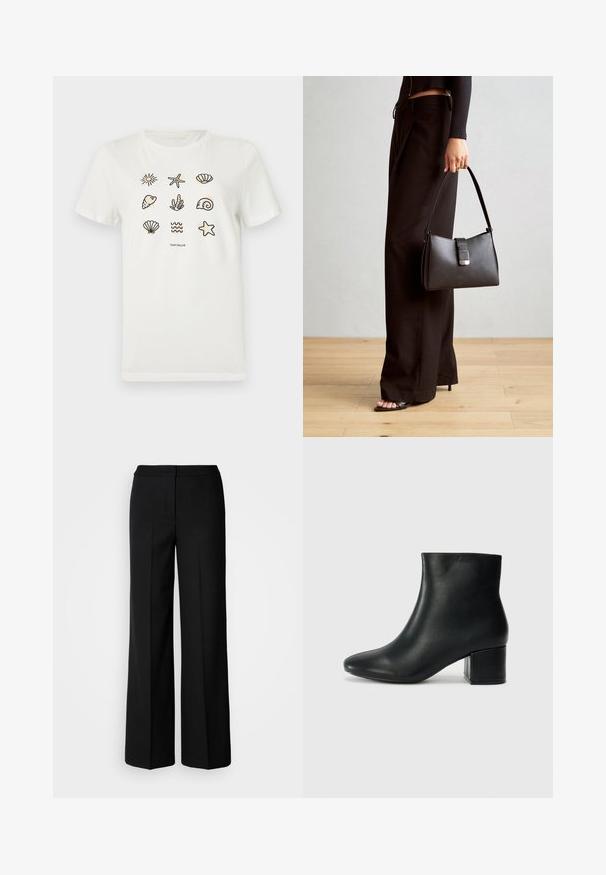 Valkoinen puuvillapaita, jossa on erilaisia meriteemoja esittäviä ääriviivoja, kuten meritähtiä, simpukoita ja aaltoja, järjestettynä ruudukkomuotoon.; Mustat leveät housut, joissa on sileä kangas, korkea vyötärö, muotoillut saumat ja minimalistinen muotoilu. Ei näkyvää varustusta tai taskuja.; Musta nahkasaappaat nilkkapituudella, jossa on terävä kärki ja paksu korko. Silkkinen pinta, jossa on minimaaliset yksityiskohdat ja tyylikäs, istuva muotoilu.; Musta käsilaukku, jossa on rakenteellinen muoto, sileä pinta ja metallinen solki. Yhdistetty leveisiin mustiin housuihin ja avonaiheisiin sandaaleihin puulattialla.