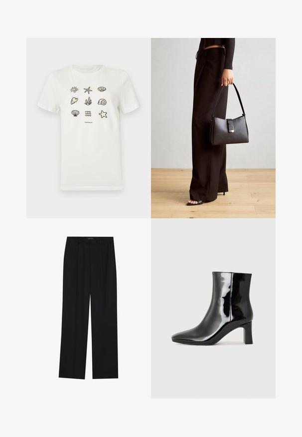 Weißes Baumwoll-T-Shirt mit verschiedenen Umrissen von Meeresmotiven, darunter Seesterne, Muscheln und Wellen, die in einem Rasterschema angeordnet sind.; Schwarze Hose mit geradem Bein, ausgestattet mit zwei frontalen Taschen und einem Taillenbund. Hergestellt aus einem glatten, leichten Stoff.; Schwarzer Lackleder-Stiefelette mit spitzer Zehe und einem mittelhohen Blockabsatz. Glatte Textur und minimalistisches Design.; Schwarze Handtasche mit strukturierter Form, glatter Textur und einem metallischen Verschluss. Kombiniert mit weiten schwarzen Hosen und offenen Sandalen auf einem Holzboden.
