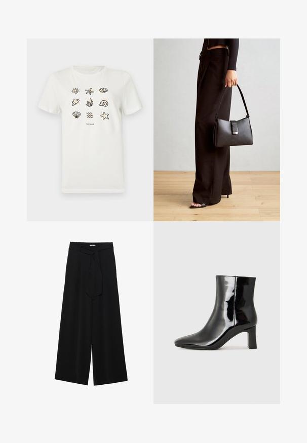 Hvit bomull t-skjorte med forskjellige hav-tema omriss, inkludert sjøstjerner, skjell og bølger, arrangert i et rutenettmønster.; Svart vide bukser med teksturert stoff, elastisk midje og avtagbart belte som gir justerbar passform.; Sorte patentlær ankle boot med spiss tå og en mellomhøy blokkhelt. Glatt tekstur og minimalistisk design.; Svart håndveske med strukturert form, jevn tekstur og metallisk lås. Kombinert med brede svarte bukser og sandaler med åpen tå på tregulv.