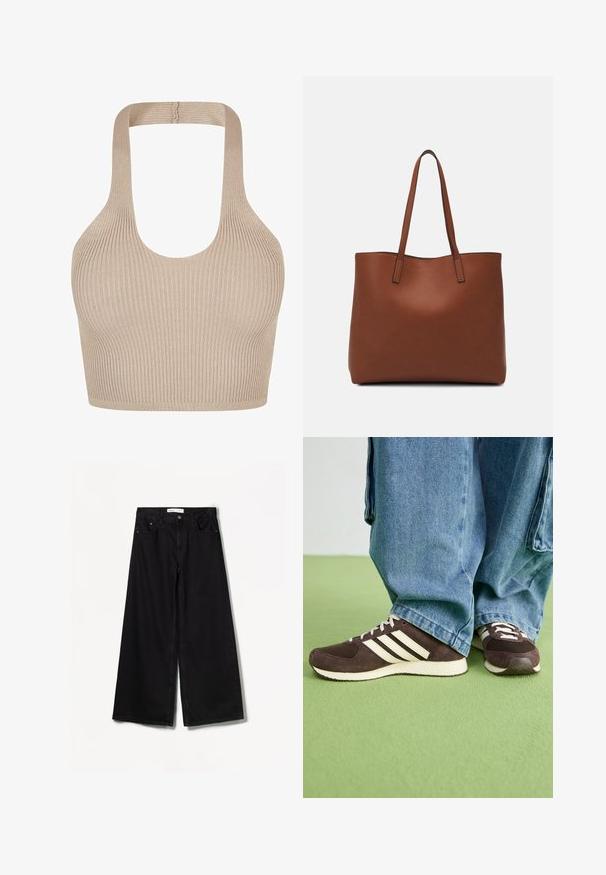 Beżowy stanik typu bralette o prążkowanym splocie, z dekoltem w serek, szerokimi ramiączkami i dopasowanym krojem dla wsparcia i komfortu. Gładka struktura bez ozdób.; Bershka WIDE czarny; Brązowe zamszowe buty sportowe z siateczkowymi panelami i białymi paskami. W połączeniu z luźnymi niebieskimi dżinsami. Zielona teksturowana powierzchnia pod spodem.; Brązowa skórzana torba tote o gładkiej fakturze, z otwartym wierzchem i dwoma ramiączkami. Charakteryzuje się minimalnym przeszyciem i brakiem widocznych elementów metalowych.