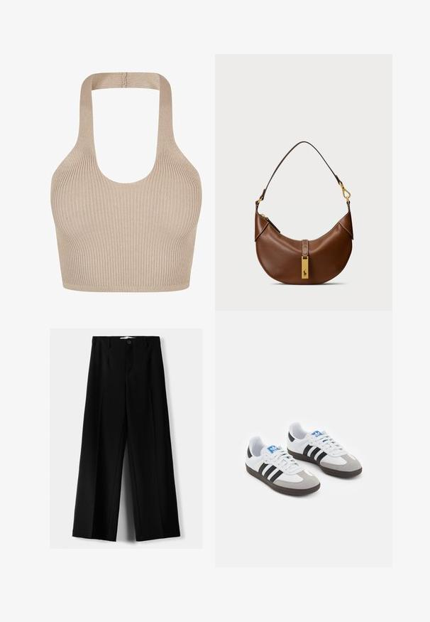 Ribbed knit bralette in beige with a scoop neckline, wide straps, and a fitted design for support and comfort. Smooth texture with no embellishments.; Black wide-leg trousers made of lightweight fabric, featuring a front button closure and flat front, with neatly stitched hems.; Sport shoes with a white leather upper, gray suede toe, and three black stripes. Features a blue logo on the tongue and a textured rubber sole.; Brown leather shoulder bag with curved shape, gold hardware, top clasp detail, and a logo accent. Smooth texture with stitched edges.