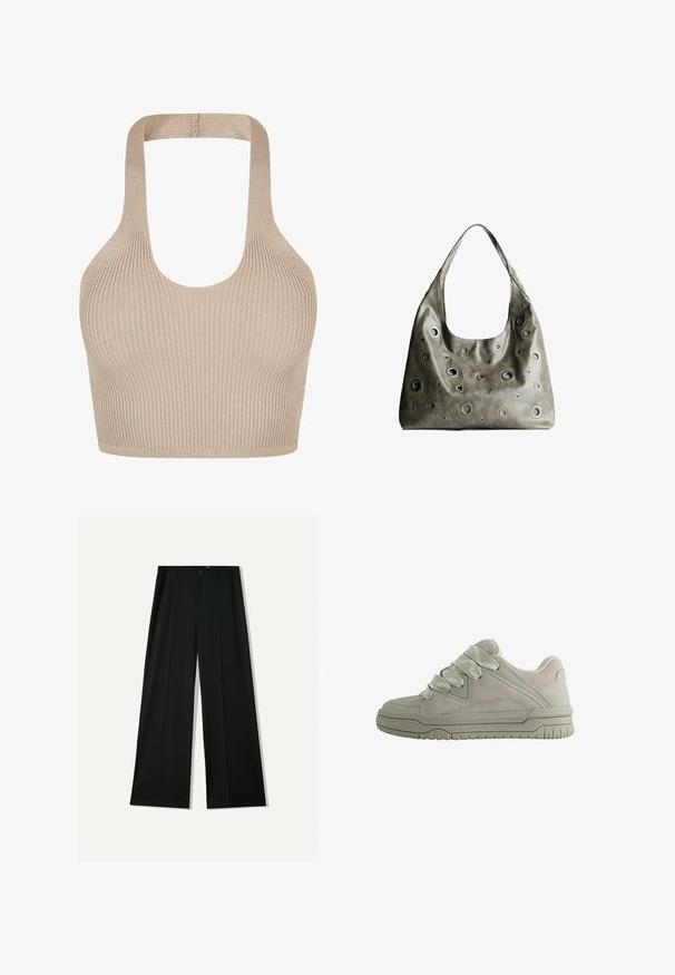 Beige színű bordás kötött bralette, mély dekoltázssal, széles pántokkal és testhez simuló kialakítással a támogatás és kényelem érdekében. Simább textúrával, díszítések nélkül.; Bershka WIDE - Nadrágok - black; Világosszürke sportcipő, velúr és hálós felsőrésszel, vastag fűzőkkel, texturált gumi talppal és diszkrét varrási részletekkel.; Olívazöld bőrtáska laza fazonnal, különböző méretű kör alakú kivágásokkal és sötétebb és világosabb árnyalatú díszítésekkel.