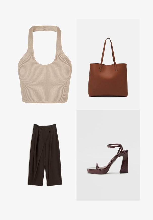 Ribana pletena bralette u bež boji s okruglim izrezom, širokim trakama i prilagođenim dizajnom za potporu i udobnost. Glatka tekstura bez ukrasa.; Tamno smeđe široke hlače s visokim strukom, s jednim dugmadi na zakopčavanju i pregibom sprijeda. Izrađene od laganog materijala.; Burgundske lakirane sandale na visokoj potpetici s debelom kvadratnom potpeticom, tankim remenom oko gležnja i minimalističkim dizajnom petne prečke. Glatka sjajna završna obrada.; Smeđa kožna torba preko ramena s glatkom teksturom, otvorenim vrhom i dvjema naramenicama. Ima minimalne šavove i nema vidljivog hardvera.