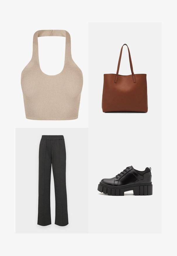 Ribana pletena bralette u bež boji s okruglim izrezom, širokim trakama i prilagođenim dizajnom za potporu i udobnost. Glatka tekstura bez ukrasa.; Crne ravne hlače sa elastičnim pojasom, prednjim naborima, mekanim materijalom i bez vidljivih uzoraka ili metalnih detalja.; Crne kožne platforme s debelim blok-peta, okruglim prstima i klasičnim dizajnom vezanja. Imaju gladak tekstur i minimalne detalje.; Smeđa kožna torba preko ramena s glatkom teksturom, otvorenim vrhom i dvjema naramenicama. Ima minimalne šavove i nema vidljivog hardvera.