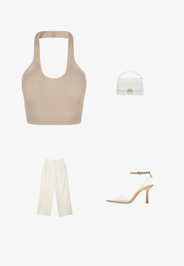 Rippstrick-Bralette in Beige mit Rundhalsausschnitt, breiten Trägern und einer figurnahen Passform für Unterstützung und Komfort. Glatte Textur ohne Verzierungen.; Helle Stoffhose mit weitem Bein und glatter Textur, ausgestattet mit einem einzelnen Knopf vorne, dezenten Falten und einem Hochbund-Design.; Durchsichtige Sandale mit transparentem Obermaterial, beigem Fußbett und einem schlanken Knöchelriemen. Sie hat eine spitz zulaufende Zehenpartie und einen dünnen, hohen Absatz.; Weiße Lederhandtasche mit strukturiertem Design, ausgestattet mit einem oberen Griff und einem goldfarbenen Verschluss. Glatte Textur und minimalistische Akzente.