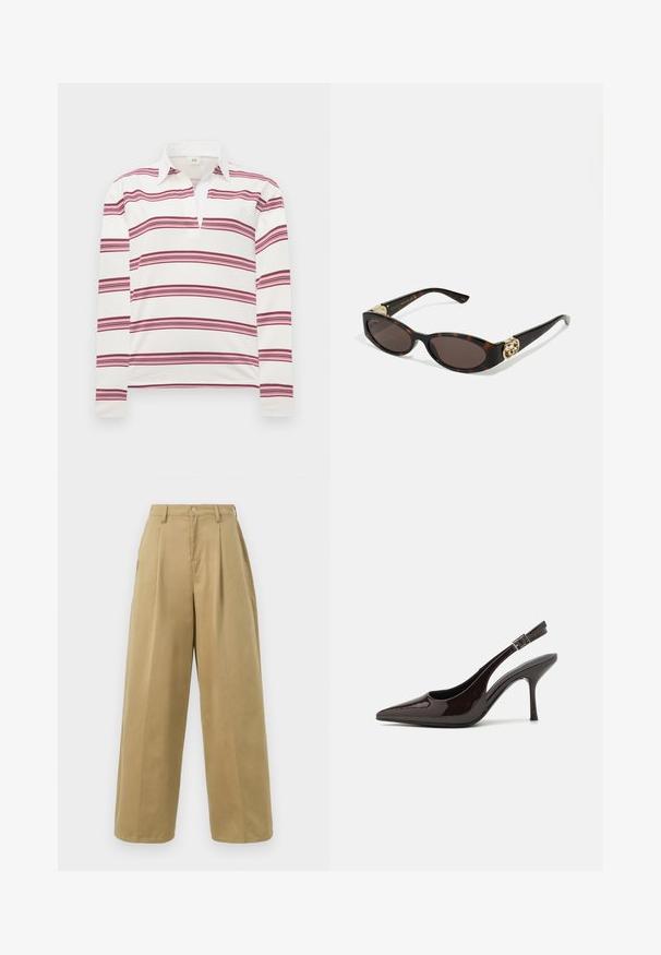 Long-sleeve polo shirt in white with horizontal burgundy and pink stripes, featuring a contrasting collar and a placket for an open neckline.; Khaki wide-leg trousers made of cotton-blend fabric, featuring a flat front with pleats, a button closure, and a smooth finish.; Slingback high-heeled shoe in glossy dark brown patent leather, pointed toe, open sides, and adjustable ankle strap.; Tortoiseshell sunglasses with elongated oval lenses, brown tint, gold logo accents on temples, and sleek black arms.