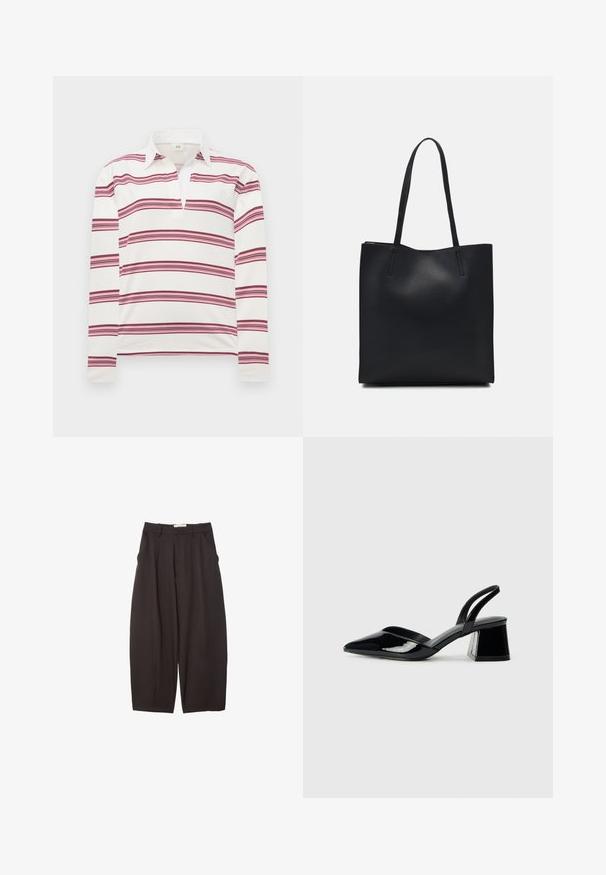Bílé polo tričko s dlouhým rukávem a horizontálními bordó a růžovými pruhy, které má kontrastní límeček a légu pro otevřený výstřih.; Černé široké kalhoty vyrobené z hladkého materiálu, s vysokým pasem, předními sklady a bočními kapsami. Jednoduchý design bez ozdob.; Černé lakované kožené lodičky na pásku s špičatou špičkou a geometrickým blokovým podpatkem. Vyznačují se elegantním, minimalistickým designem a hladkým povrchem.; Černá kožená taška přes rameno s hladkým povrchem, obdélníkovým tvarem a dvěma dlouhými uchy. Žádné viditelné kování ani ozdoby.