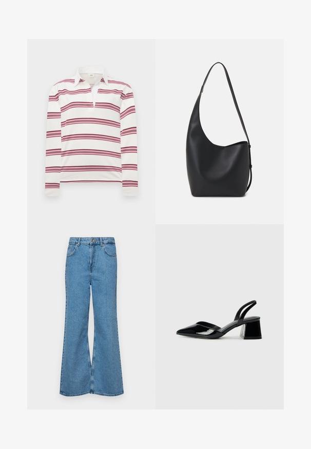 Cămașă polo cu mânecă lungă, albă, cu dungi orizontale în nuanțe de burgundy și roz, având un guler contrastant și o clapetă pentru un decolteu deschis.; Jeanși evazați de culoare albastru deschis, din denim, cu talie înaltă, cinci buzunare și închidere cu un singur buton. Textură moale cu un finisaj decolorat.; Pantofi cu toc slingback din piele lacuită neagră, cu vârf ascuțit și toc geometric. Prezintă un design elegant, minimalist și o textură netedă.; Geantă hobo din piele neagră, cu o textură netedă, formă curbată și un singur bretele ajustabil; are o deschidere largă în partea de sus.