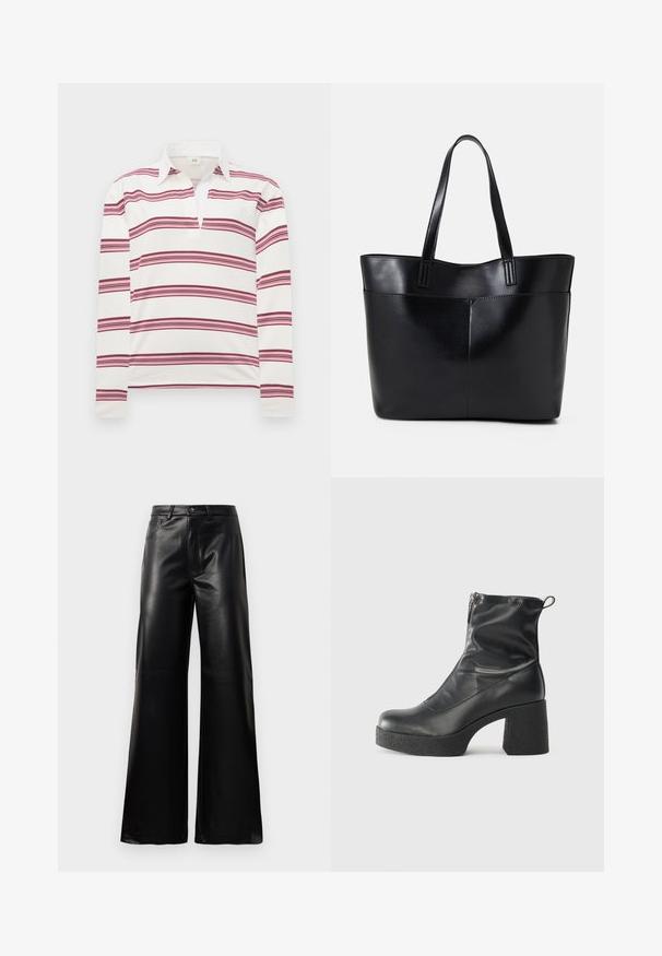 Balts garām piedurknēm polo krekls ar horizontālām bordo un rozā svītrām, ar kontrastējošu apkakli un pogām atvērtai kakla izgriezumam.; Melnas augstās jostas platajās kājās sintētiskās ādas bikses ar priekšējo pogu, rāvējslēdzēju, jostas cilpām un sānu kabatām uz baltā fona.; Melni potītes zābaki, kas izgatavoti no gludas ādas, ar sānu rāvējslēdzēju, masīvu strukturētu papēdi un noapaļotu purngalu.; Melnas ādas iepirkumu soma ar divām garām rokturām, gludu tekstūru un strukturētu formu. Iekļauj priekšējo kabatu papildu uzglabāšanai.