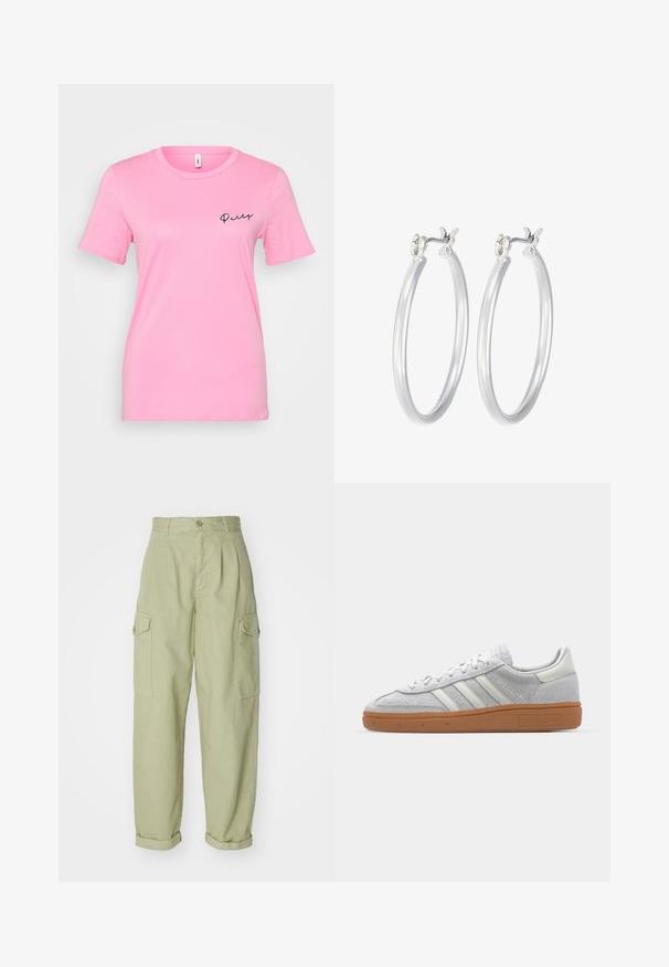 Roza bombažna majica s kratkimi rokavi, okroglim ovratnikom in črnim vezenim besedilom, ki pravi "Party" na levi strani.; Svetlozeleni cargo hlače iz bombažnega blaga. Imajo visok pas, zavihane manšete in dva stranska cargo žepa za dodatno uporabnost.; Svjetlo sivi suedesni sportski cipeli s bijelim kožnim naglascima, tri bijele pruge i smeđi gumeni potplat, s podstavljenim ovratnikom za udobnost.; Srebrni obroči za ušesa z gladko, polirano površino. Okrogla oblika in varna zaponka s klikom. Lahka zasnova, primerna za vsakodnevno nošenje.