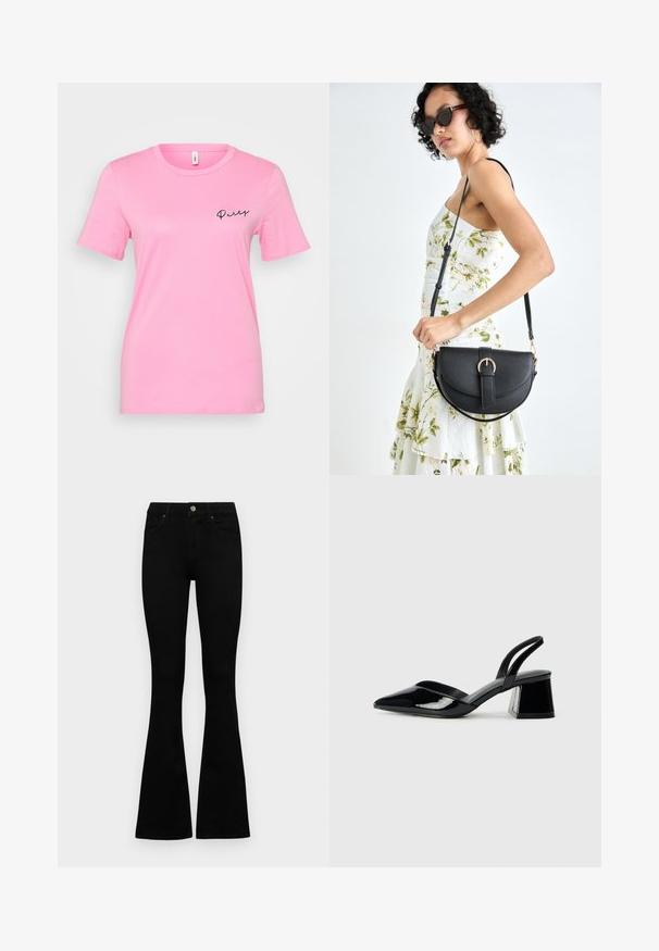 Pink cotton t-shirt featuring short sleeves, a round neckline, and black embroidered text that reads "Party" on the left side.; Black high-waist jeans with a button and zip closure, front pockets, and flared legs laid flat on a white background.; Black patent leather slingback heels with a pointed toe and a geometric block heel. Features a sleek, minimal design and smooth texture.; Black leather handbag with a curved shape, detachable strap, and gold hardware. The bag features a flap with a buckle detail.