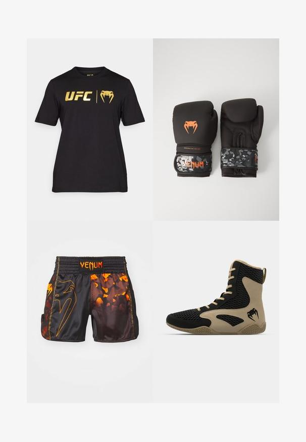 T-shirt preta de manga curta feita de algodão, com o logótipo dourado da UFC e um gráfico de cobra na parte da frente. Gola redonda e corte padrão.; Calções Venum pretos e laranjas com um acabamento brilhante, padrões de camuflagem contrastantes e uma cintura elástica com detalhe do logo.; Sapatilha desportiva de cano alto com um exterior em malha preta e detalhes em bege. Sola de borracha texturada e detalhe do logótipo na lateral.; Luvas de boxe pretas com acabamento mate e design ergonómico. Detalhes do logótipo em laranja e tiras de pulso com padrão de camuflagem.