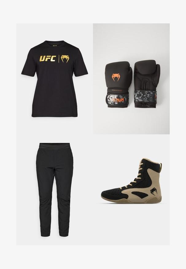 T-shirt preta de manga curta feita de algodão, com o logótipo dourado da UFC e um gráfico de cobra na parte da frente. Gola redonda e corte padrão.; Calças de stretchy pretas com um design ajustado, cintura elástica e bolsos com zip. Textura suave com um acabamento ligeiramente brilhante.; Sapatilha desportiva de cano alto com um exterior em malha preta e detalhes em bege. Sola de borracha texturada e detalhe do logótipo na lateral.; Luvas de boxe pretas com acabamento mate e design ergonómico. Detalhes do logótipo em laranja e tiras de pulso com padrão de camuflagem.