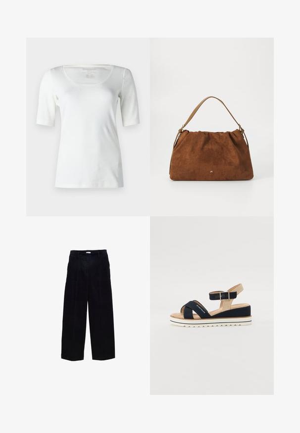 T-shirt bianco a maniche corte, colletto tondo, realizzato in tessuto morbido, con una forma aderente e dettagli minimal. Taglia 5 indicata all'interno.; Pantaloni a gamba larga in corduroy blu navy con taglio dritto, pieghe frontali e una texture sottile. Presentano passanti per cintura e zip metallica.; Sandalo blu navy con due cinturini in tessuto, cinturino alla caviglia regolabile e retro beige testurizzato. Suola spessa, bianca e scalloppata. Marca stampata sul cinturino.; Borsa in suede marrone con un design arricciato, dotata di una singola tracolla in pelle beige e di un sottile logo dorato dettagliato sulla parte anteriore.