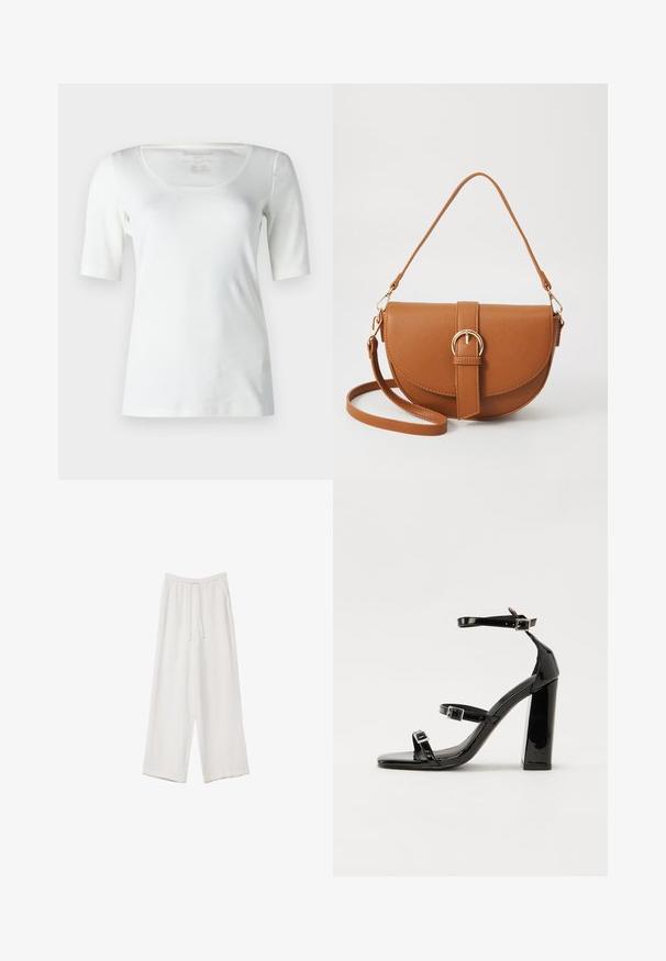 Hvid kortærmet t-shirt, rund halsudskæring, lavet af glat stof, med en tætsiddende form og minimal detaljer. Størrelse 5 angivet indeni.; Hvide bukser med bred benlængde lavet af et letvægtsstof. Har et elastisk talje med snor og sidelommer. Glat tekstur.; Sorte patenterede hælsandaler med firkantet tå, ankelremme og sølvspænder. Har en chunky blokHæl for stabilitet.; Brun læder crossbody taske med en buet form, guldfarvet hardware og en spændeaccent. Har en aftagelig skulderrem.
