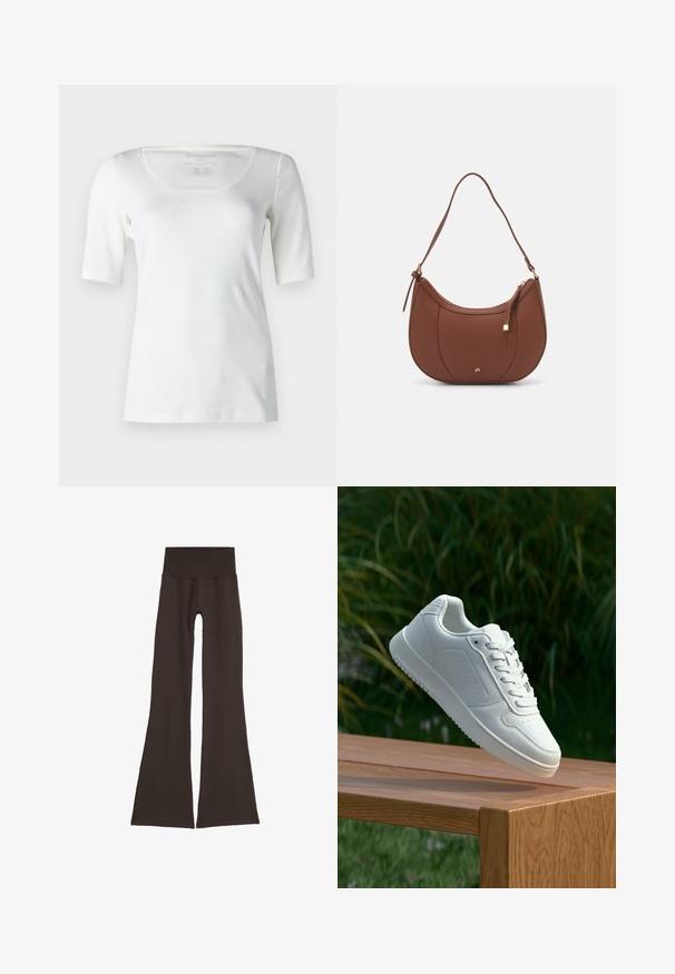 Bela kratka majica s kratkimi rokavi, okrogel izrez, izdelana iz gladkega materiala, z oprijetim krojem in minimalnimi detajli. Znotraj je označena velikost 5.; Temno rjave nazobčene legice s širokim, rebrastim pasom. Narejene iz mehke, raztegljive tkanine, brezšivna zasnova brez vidnih kovinskih delov.; Bela teniska s gladkim sintetičnim zgornjim delom, perforiranim prednjim delom, ravnimi vezalkami in teksturiranim podplatom, prikazana na leseni površini.; Rjava usnjena torbica z ramenskim ročajem, ukrivljene oblike, minimalnim šivom in zlato-tonirano kovinsko dekoracijo. Ima zgornje zapiranje na zadrgo in nastavljiv trak.