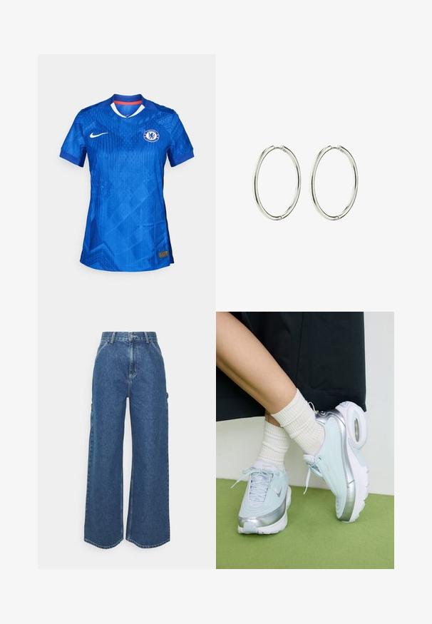Čelsijas futbola kluba krekls dzīvīgā zblue krāsā, ar smalku ģeometrisku rakstu, baltu apkakli un Nike logo priekšpusē.; Platleņķa zili džinsi ar augstu jostasvietu, kontrastējošām šuvēm un sānu kabatām, ar klasisku piecu kabatu dizainu un neapstrādātiem malām.; Gaiši zili sporta apavi ar sudraba akcentiem, teksturēts augšējais pārklājums, mīksts zole un redzama gaisa vienība. Apvienoti ar baltām ribotām zeķēm.; Sudraba riņķveida auskari ar gludu, pulētu apdari. Apaļas formas, viegla konstrukcija, ar drošu aizdari.