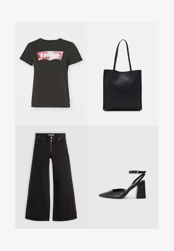 Levi's® Potiskana majica - caviar; Široke traperice iz črnega denima z zadrgo spredaj, petimi žepi in diskretnimi šivi. Gladka tekstura in ležeren slog.; Črne usnjene klasične čevlje z ostrim nosom, z zaponko za gleženj in debelim peto. Ravna tekstura, eleganten dizajn in minimalistična estetika.; Črna usnjena torba s svilnato teksturo, pravokotne oblike in dvema dolgima ročajema. Brez vidnih metalnih delov ali okrasnih elementov.
