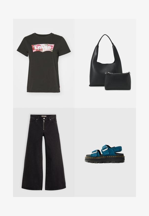 Levi's® Μπλουζάκι με στάμπα - caviar; Πλάι-πλάι τζιν σε μαύρη denim με φερμουάρ μπροστά, σχέδιο με πέντε τσέπες και διακριτές ραφές. Λείος υφασμάτινος χαρακτήρας και χαλαρός στυλ.; Μπλε σουέτ σανδάλια με δύο ρυθμιζόμενες ζώνες και ασημένια αξεσουάρ, με χοντρή μαύρη σόλα πλατφόρμας και κίτρινα ραφές.; Even&Odd SET - Τσάντα χειρός - black