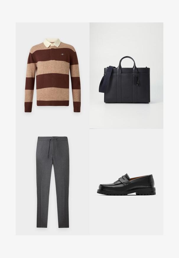 Camisa de rugby de mangas longas com largas riscas horizontais castanho e bege e colarinho em cor creme, apresentando um pequeno logo bordado no peito.; Calças ajustadas de tom cinza escuro com cintura elástica e cordão, apresentando pregas discretas na parte da frente.; Os mocassins de couro preto apresentam uma costura elevada, duas tiras decorativas na parte superior e uma sola grossa e texturizada para maior aderência.; Pasta de couro azul-marinho escura com alças superiores duplas e uma alça destacável. Apresenta um acabamento texturizado, costura vertical e detalhe do logotipo.