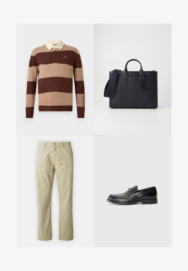 Hosszú ujjú rögbi póló széles vízszintes barna és bézs csíkokkal, krém színű gallérral, amelyen egy kis hímezet található a mellkason.; Beige színű, egyenes lábú pamut nadrág, elöl gombos záródással és övhurkokkal. Simaság jellemzi, látható minták vagy díszítések nélkül.; Fekete bőrcipő, lekerekített orral, varrott mintázattal, kis elülső pánttal, fém részletekkel és lapos gumitalppal.; Sötét tengerészkék bőr aktatáska, dupla felső fogantyúval és levehető pánttal. Texturált felülettel, függőleges varrással és logó részlettel rendelkezik.