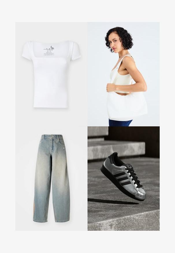 Valge sobiv t-särk ruudukujulise kaeluse ja lühikeste varrukatega. Tagaküljel on väike trükitud logo ja hooldusjuhised.; Heledad sinine denimpüksid, laiad ja pleekinud viimistlusega. Omab ees taskuid, nupuväärdiga sulgemist ja peent logo vöökoha peal.; Hõbedane spordijalats musta kummist tallaga, mustade paelte ja kolme musta triibuga. Omab metallist viimistlust ja klassikalist välimusega varbakaitset.; Valge õlakott, mis on valmistatud siledast materjalist, ümmarguse lõikega ja laia rihmaga. Lihtne ja modernne, ilma nähtava riistvara või detailideta.