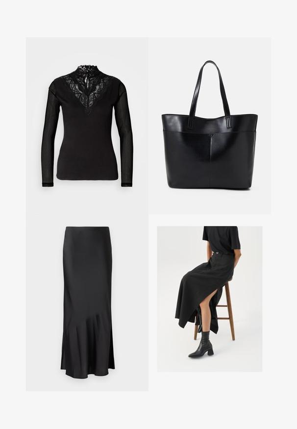 Zwarte top met lange mouwen, voorzien van een kanten hoge hals en doorschijnende stippenmesh mouwen, met een aansluitend lichaam en een eenvoudige zoom.; Zwarte satijnen midi-rok met een strakke ontwerp, met een lichte flair aan de zoom en een zijsplit voor gemakkelijke beweging. Glad textuur.; Zwarte linnen maxi rok met een hoge split, gedragen met een zwart T-shirt en zwarte enkellaarsjes. Minimalistisch ontwerp met een relaxte pasvorm.; Zwarte leren tote bag met twee lange handvatten, een zachte textuur en een gestructureerde vorm. Voorzien van een voorvak voor extra opslagruimte.