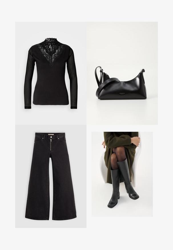 Schwarzes Langarmoberteil mit einer hohen Spitzenkragen und transparenten, gepunkteten Netzärmeln, einer taillierten Passform und einem schlichten Saum.; Schwarze Denim-Jeans mit weitem Bein, Reißverschluss vorne, Fünf-Taschen-Design und dezenten Stickdetails. Glatte Textur und lässiger Stil.; Knöchelhöhe schwarze Lederstiefel mit quadrater Spitze und Blockabsatz, gezeigt mit einem Modell, das einen olivgrünen Mantel trägt. Glatte Textur, minimale Details.; Schwarze lederne Handtasche mit glatter Textur. Verfügt über einen verstellbaren Riemen und ein elegantes, minimalistisches Design mit einem Reißverschluss.