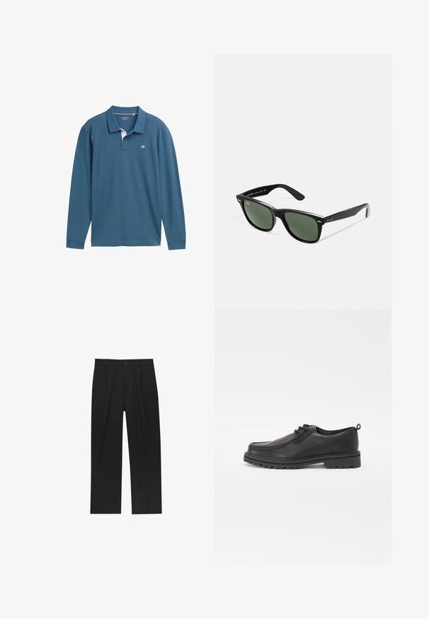 Korte mouwen, polostijl shirt in teal katoen, met een witte onderkraag, drie knopen en een klein logo op de borst.; Zwarte broeken met een recht model, gemaakt van een gladde stof. Voorzien van een voorplooien en een enkele knoopsluiting bij de taille.; Zwarte leren schoenen met een ronde neus, textuurstiksels, een laag profiel ontwerp en een rubberen zool met diepe profielen voor grip.; Zwarte plastic zonnebril met groene lenzen, vierkante montuur, zilveren accent op de wenkbrauw en een gestructureerde tempel. Merken vermeld op de binnenkant van de arm.