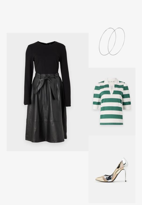 Groene en witte gestreepte poloshirt met korte pofmouwen en een V-hals ontwerp. Gemaakt van zachte, lichtgewicht stof.; Zwarte long sleeve top gecombineerd met een zwarte faux leren rok, met een gestrikt tailleband en een gladde, glanzende textuur.; Puntige hoge hak schoenen met een zilver, goud en nude kleurenschema. Glanzende afwerking met uitsnijdingen en een stiletto hak.; Zilveren metalen pouch bag met een zachte, afgeronde vorm en een geknoopte sluiting aan de bovenkant. Gemaakt van soepel faux leren materiaal.; Zilveren hoepel oorbellen met een minimalistisch ontwerp. Cirkelvormig, gladde textuur en dun profiel. Lichtgewicht met een gepolijste afwerking.