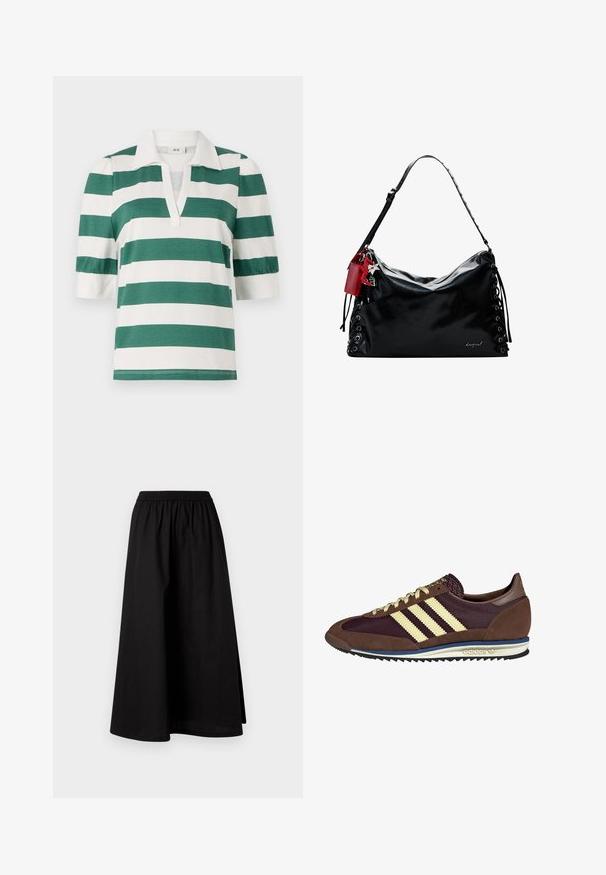 Polo a righe verdi e bianche con maniche a sbuffo corte e scollatura a V. Realizzato in morbido tessuto leggero.; Gonna nera, di lunghezza al ginocchio, realizzata in materiale leggero con cintura elastica e una silhouette A-line rilassata. Non presenta motivi visibili.; Sneaker marrone e bordeaux realizzato in materiali scamosciati e in rete, caratterizzato da tre strisce color crema, tessuto testurizzato sulla linguetta e suola in gomma.; Borsa a tracolla in pelle nera con un design morbido, dettagli in pizzo sui lati e un'etichetta rossa. Presenta una lunga tracolla regolabile.