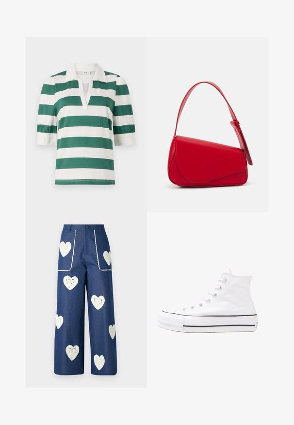 Zeleno-bílý pruhovaný polo tričko s krátkými nafouknutými rukávy a designem do V. Vyrobeno z měkké, lehké tkaniny.; Sister Jane HEART TO HEART - Džíny Straight Fit - blue denim; Bílé vysoké plátěné tenisky s černou gumovou podrážkou, přední gumovou špičkou a šesti očky na tkaničky, se čistým, minimalistickým designem.; Červená kožená kabelka s ostrým, geometrickým designem. Má jeden nastavitelný popruh a klopu s prošívanými detaily.