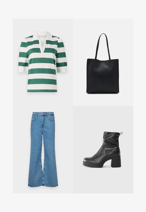 Grønn- og hvitstripet polo skjorte med korte puffermer og V-halsdesign. Laget av myk, lett vask. ; Lyseblå vide jeans laget av denim, med høyt liv, fem lommer og en enkelt knappelukking. Myk tekstur med falmet finish.; Svarte ankelstøvler laget av glatt lær, med glidelås på siden, chunky strukturert hæl, og rund tå-design.; Svart lær tote bag med glatt tekstur, rektangulær form og to lange håndtak. Ingen synlige deler eller dekorasjoner.