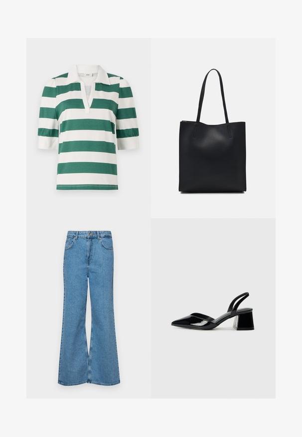 Grønn- og hvitstripet polo skjorte med korte puffermer og V-halsdesign. Laget av myk, lett vask. ; Lyseblå vide jeans laget av denim, med høyt liv, fem lommer og en enkelt knappelukking. Myk tekstur med falmet finish.; Svarte patentlær slingback hæler med spiss tå og geometrisk blokk hæl. Har et stilrent, minimalistisk design og jevn tekstur.; Svart lær tote bag med glatt tekstur, rektangulær form og to lange håndtak. Ingen synlige deler eller dekorasjoner.