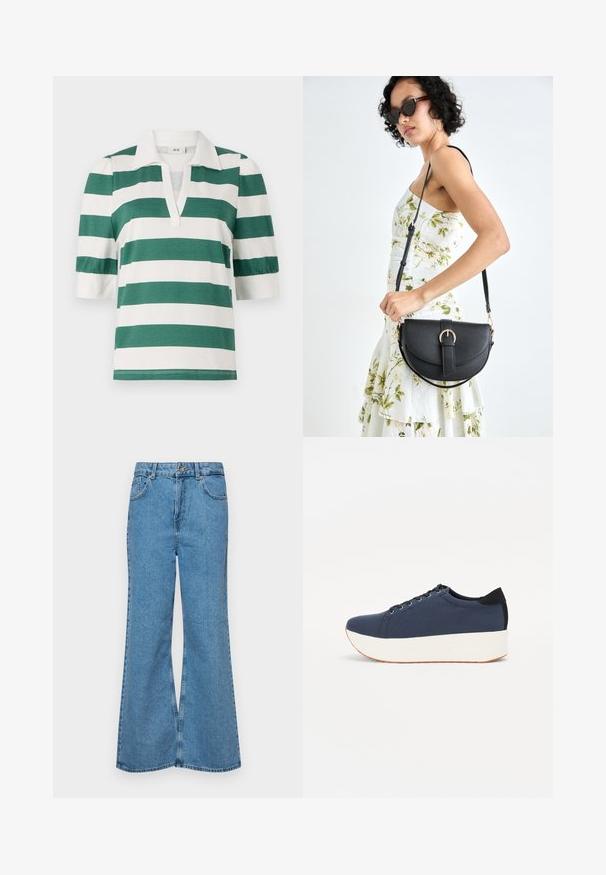 Zielono-biała w paski koszulka polo z krótkimi bufkami i dekoltem w serek. Wykonana z miękkiego, lekkiego materiału.; Jasnoniebieskie dzwony z denimu, z wysokim stanem, pięcioma kieszeniami i zapięciem na jeden guzik. Miękka tekstura z wyblakłym wykończeniem.; Granatowe trampki z teksturowanej tkaniny, biała platforma, okrągły nosek i czarny akcent na pięcie. Posiadają sześć oczek na sznurówki.; Czarna skórzana torebka o zakrzywionym kształcie, z odpinanym paskiem i złotymi akcentami. Torebka posiada klapę z zapięciem w kształcie klamry.
