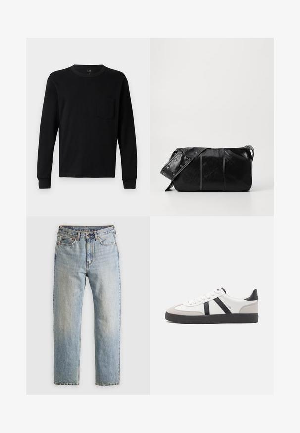 Zwarte langesleeve t-shirt gemaakt van zachte katoen, met een ronde hals, ribgebreide manchetten en een klein borstzakje. Minimalistisch ontwerp.; Lichtblauwe denim jeans met hoge taille, frontknop, rits en vijfzakkenontwerp, plat gelegd op een neutrale achtergrond.; Witte sneaker met zwarte en grijze accenten, voorzien van een grijze neus met textuur, zwarte rubberen zool en platte witte veters. Schoon ontwerp, minimalistische stijl.; Zwarte leren schoudertas met een ritsluiting, voorzien van een gestructureerd lichaam, witte stiksels en een band met zilveren oogjes.