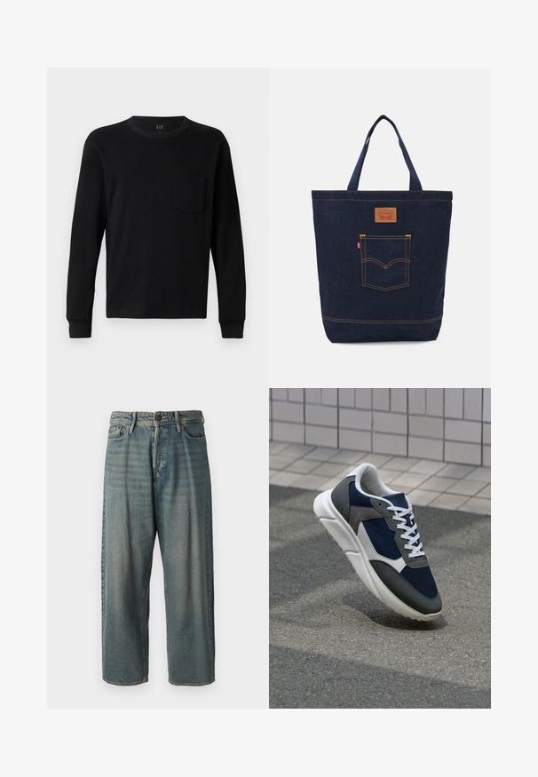 T-shirt preto de manga longa, feito de algodão suave, com gola redonda, punhos canelados e um pequeno bolso no peito. Design minimalista.; Jeans de ganga azul claro com um corte solto, cintura média e pernas retas. Apresenta cinco bolsos, passadores de cinto e fecho com botão.; Sapatilha com parte superior em malha azul-marinho, detalhes em camurça cinza, sola de borracha branca e atacadores brancos planos, projetada para conforto e respirabilidade.; Bolsa tote de denim em azul escuro com duas alças, costura visível e um bolso frontal com um patch de logótipo clássico.