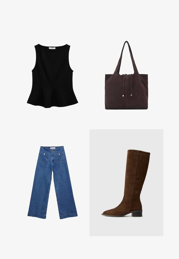 Black sleeveless top with a rounded neckline, flared hem, and vertical seam detailing. Made from a smooth, stretchy fabric.; Denim wide-leg jeans with a medium blue wash, two front pockets with button closures, and stitched detailing along the hems.; Brown suede knee-high boot with a pointed toe and a chunky low heel. Smooth texture with a clean design and no prominent hardware.; Mango Tote bag - dark brown