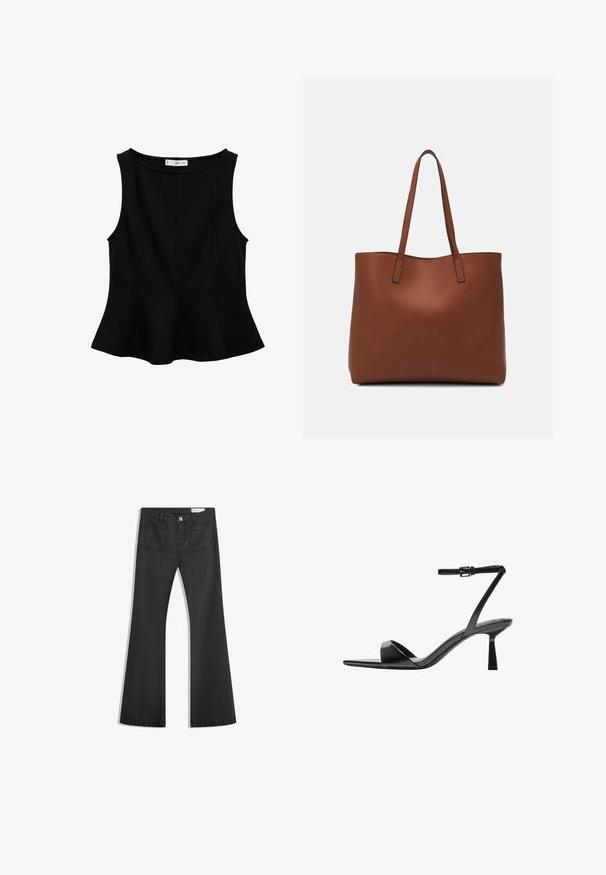 Black sleeveless top with a rounded neckline, flared hem, and vertical seam detailing. Made from a smooth, stretchy fabric.; Black flared jeans made of denim with a smooth texture, featuring two back pockets and a button closure at the waist.; Bershka High heeled sandals - black; Brown leather tote bag with a smooth texture, open top design, and two shoulder straps. Features minimal stitching and no visible hardware.