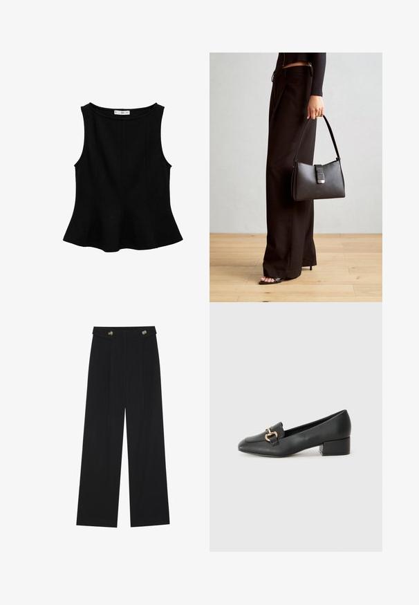 Black sleeveless top with a rounded neckline, flared hem, and vertical seam detailing. Made from a smooth, stretchy fabric.; Black wide-leg trousers with high waist, button details on waistband, and front pleats.; Black leather loafers with a flat heel, featuring a decorative gold hardware detail on the front and a smooth texture.; Black handbag with structured shape, smooth texture, and a metallic clasp. Paired with wide black pants and open-toe sandals on wooden floor.